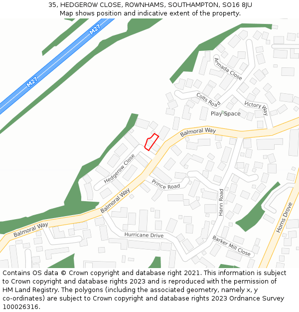 35, HEDGEROW CLOSE, ROWNHAMS, SOUTHAMPTON, SO16 8JU: Location map and indicative extent of plot