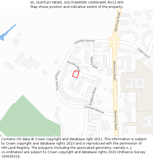 35, HUNTLEY MEWS, SOUTHWATER, HORSHAM, RH13 9FD: Location map and indicative extent of plot