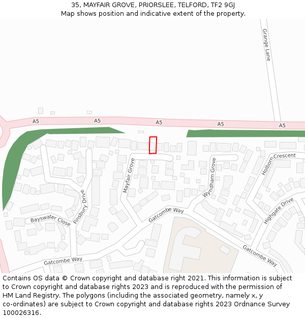 35, MAYFAIR GROVE, PRIORSLEE, TELFORD, TF2 9GJ: Location map and indicative extent of plot