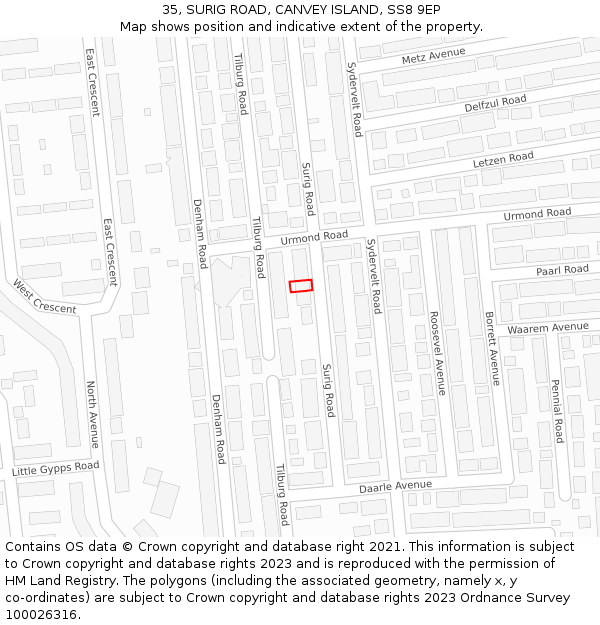 35, SURIG ROAD, CANVEY ISLAND, SS8 9EP: Location map and indicative extent of plot