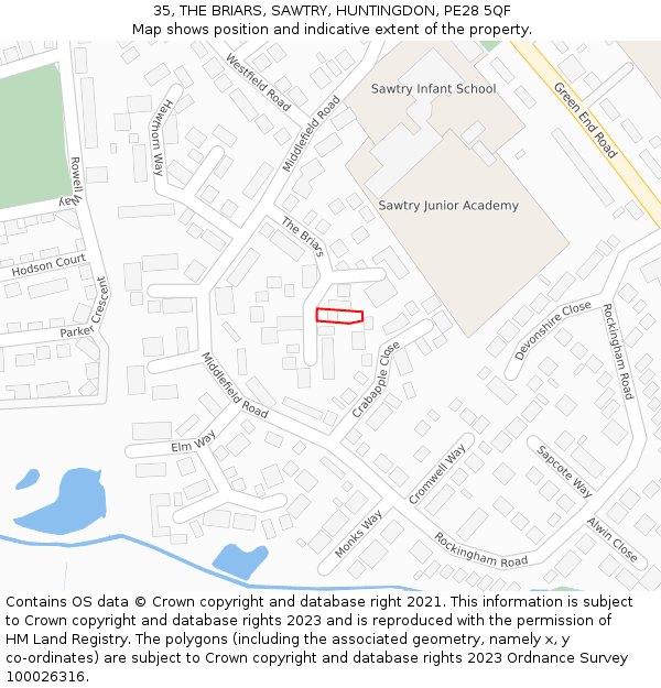 35, THE BRIARS, SAWTRY, HUNTINGDON, PE28 5QF: Location map and indicative extent of plot