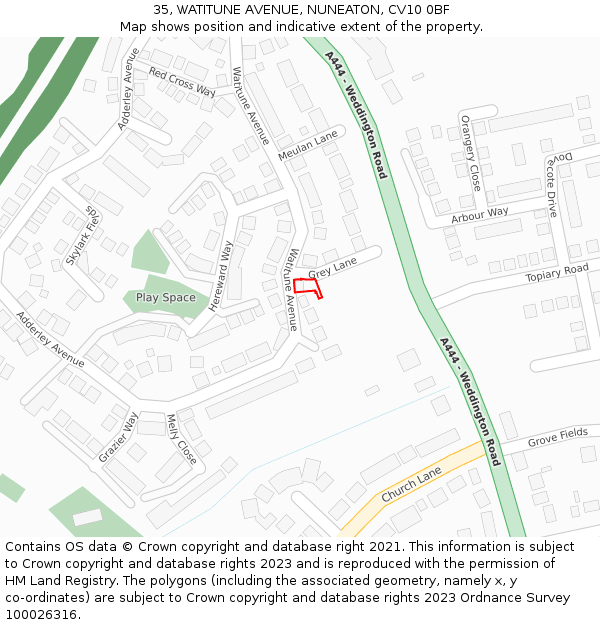 35, WATITUNE AVENUE, NUNEATON, CV10 0BF: Location map and indicative extent of plot