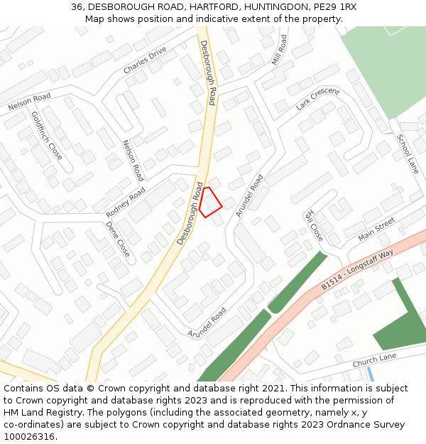 36, DESBOROUGH ROAD, HARTFORD, HUNTINGDON, PE29 1RX: Location map and indicative extent of plot