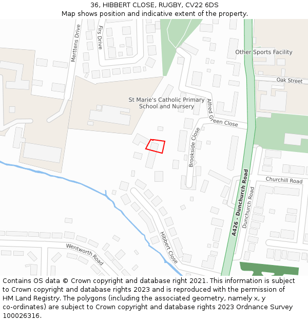 36, HIBBERT CLOSE, RUGBY, CV22 6DS: Location map and indicative extent of plot