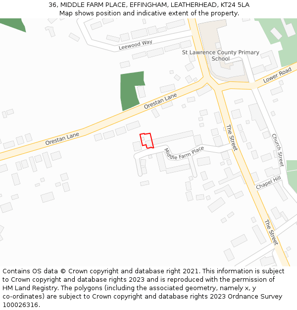 36, MIDDLE FARM PLACE, EFFINGHAM, LEATHERHEAD, KT24 5LA: Location map and indicative extent of plot