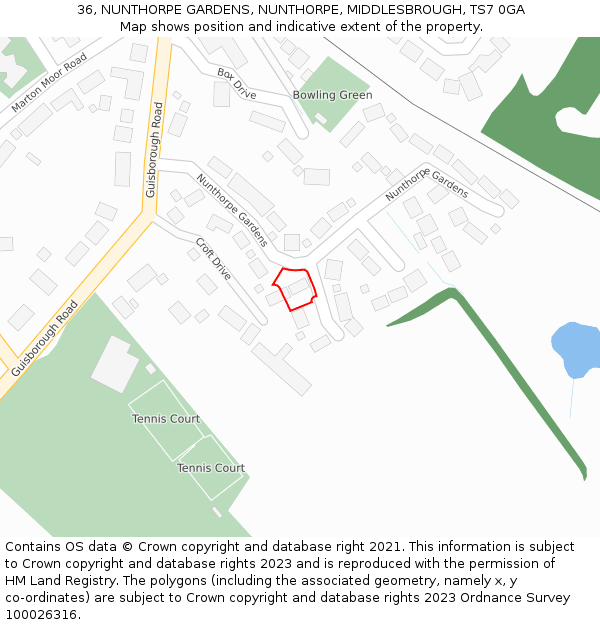 36, NUNTHORPE GARDENS, NUNTHORPE, MIDDLESBROUGH, TS7 0GA: Location map and indicative extent of plot