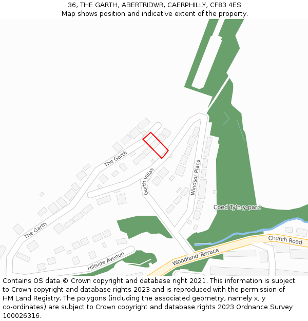 36, THE GARTH, ABERTRIDWR, CAERPHILLY, CF83 4ES: Location map and indicative extent of plot