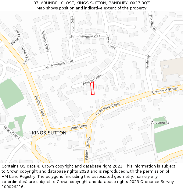 37, ARUNDEL CLOSE, KINGS SUTTON, BANBURY, OX17 3QZ: Location map and indicative extent of plot