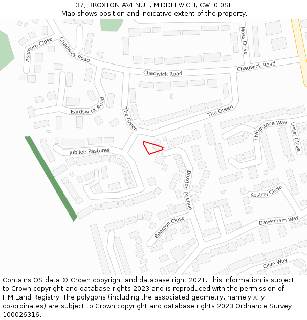 37, BROXTON AVENUE, MIDDLEWICH, CW10 0SE: Location map and indicative extent of plot