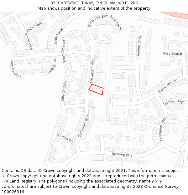 37, CARTWRIGHT WAY, EVESHAM, WR11 2RS: Location map and indicative extent of plot