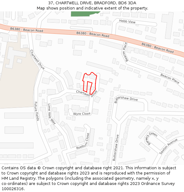 37, CHARTWELL DRIVE, BRADFORD, BD6 3DA: Location map and indicative extent of plot