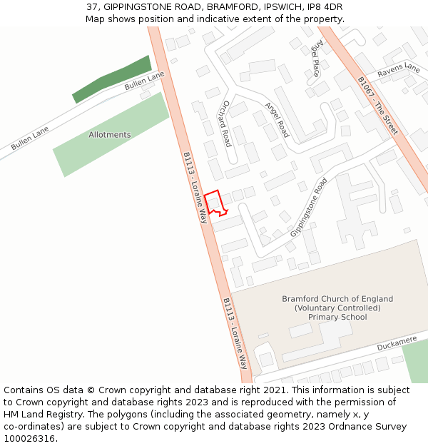 37, GIPPINGSTONE ROAD, BRAMFORD, IPSWICH, IP8 4DR: Location map and indicative extent of plot