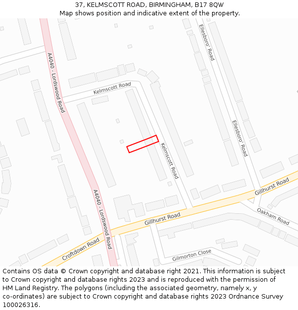 37, KELMSCOTT ROAD, BIRMINGHAM, B17 8QW: Location map and indicative extent of plot