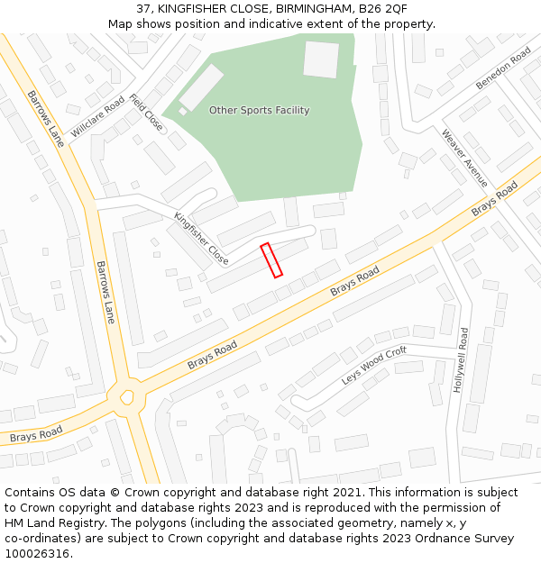 37, KINGFISHER CLOSE, BIRMINGHAM, B26 2QF: Location map and indicative extent of plot