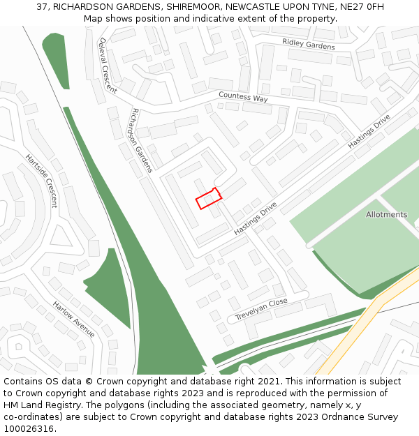 37, RICHARDSON GARDENS, SHIREMOOR, NEWCASTLE UPON TYNE, NE27 0FH: Location map and indicative extent of plot