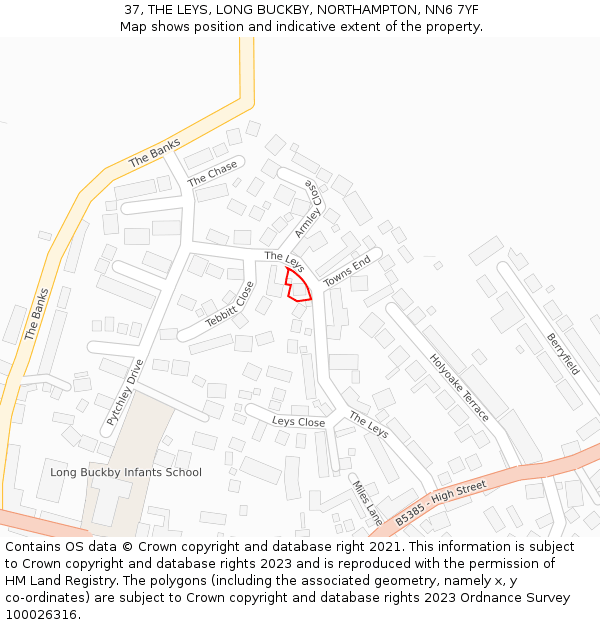 37, THE LEYS, LONG BUCKBY, NORTHAMPTON, NN6 7YF: Location map and indicative extent of plot