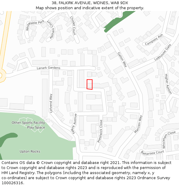 38, FALKIRK AVENUE, WIDNES, WA8 9DX: Location map and indicative extent of plot