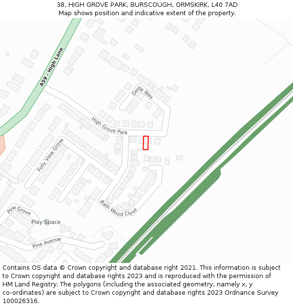 38, HIGH GROVE PARK, BURSCOUGH, ORMSKIRK, L40 7AD: Location map and indicative extent of plot