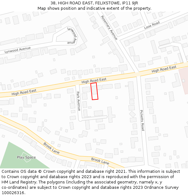 38, HIGH ROAD EAST, FELIXSTOWE, IP11 9JR: Location map and indicative extent of plot