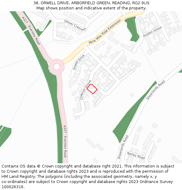 38, ORWELL DRIVE, ARBORFIELD GREEN, READING, RG2 9US: Location map and indicative extent of plot