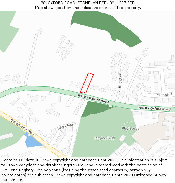 38, OXFORD ROAD, STONE, AYLESBURY, HP17 8PB: Location map and indicative extent of plot