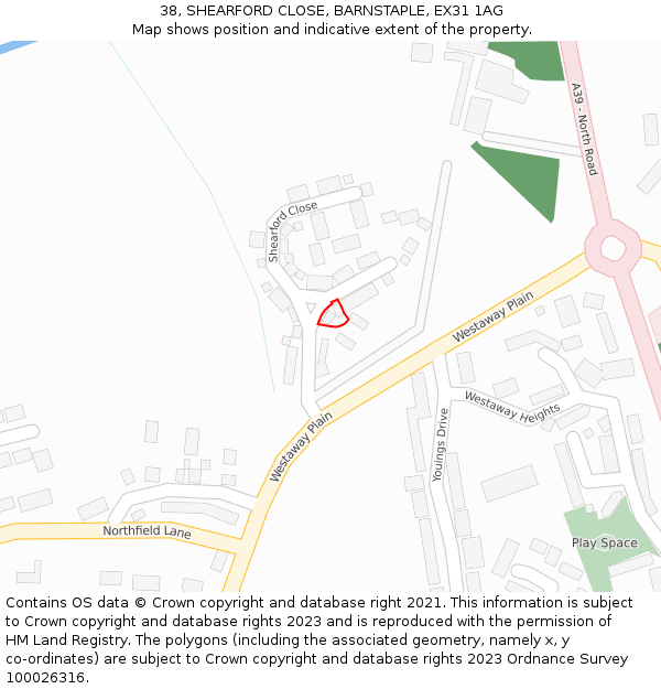 38, SHEARFORD CLOSE, BARNSTAPLE, EX31 1AG: Location map and indicative extent of plot