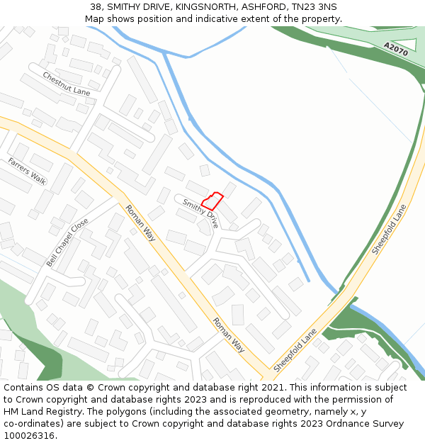 38, SMITHY DRIVE, KINGSNORTH, ASHFORD, TN23 3NS: Location map and indicative extent of plot