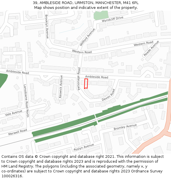 39, AMBLESIDE ROAD, URMSTON, MANCHESTER, M41 6PL: Location map and indicative extent of plot