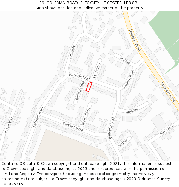 39, COLEMAN ROAD, FLECKNEY, LEICESTER, LE8 8BH: Location map and indicative extent of plot