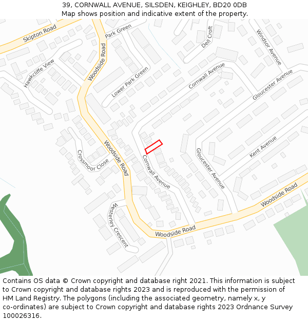 39, CORNWALL AVENUE, SILSDEN, KEIGHLEY, BD20 0DB: Location map and indicative extent of plot