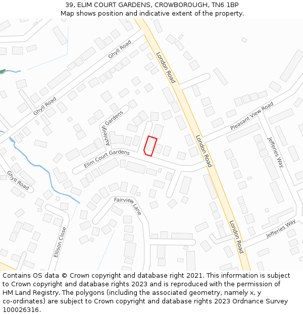 39, ELIM COURT GARDENS, CROWBOROUGH, TN6 1BP: Location map and indicative extent of plot