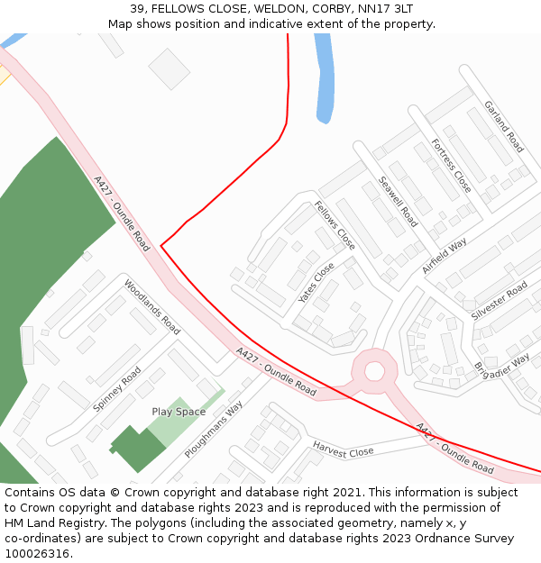 39, FELLOWS CLOSE, WELDON, CORBY, NN17 3LT: Location map and indicative extent of plot