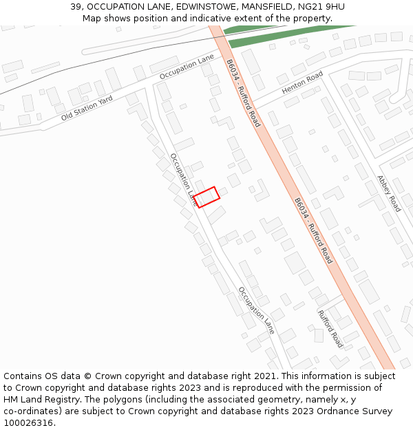 39, OCCUPATION LANE, EDWINSTOWE, MANSFIELD, NG21 9HU: Location map and indicative extent of plot