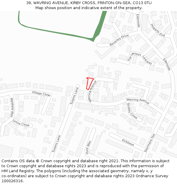 39, WAVRING AVENUE, KIRBY CROSS, FRINTON-ON-SEA, CO13 0TU: Location map and indicative extent of plot