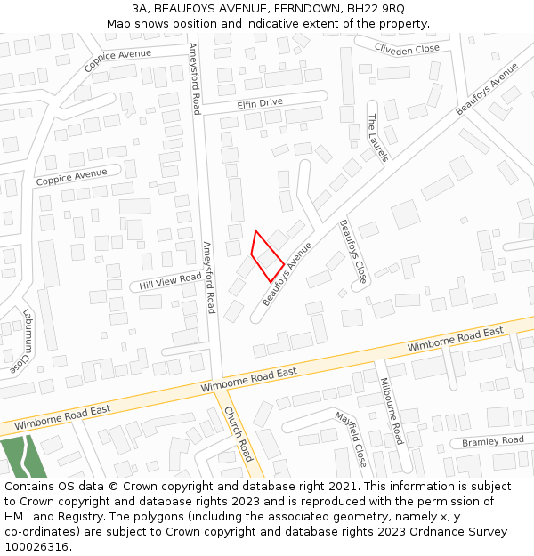 3A, BEAUFOYS AVENUE, FERNDOWN, BH22 9RQ: Location map and indicative extent of plot