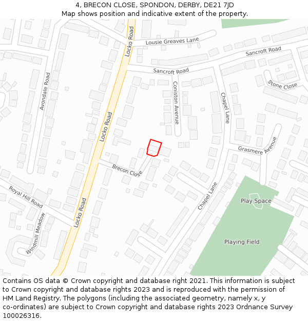 4, BRECON CLOSE, SPONDON, DERBY, DE21 7JD: Location map and indicative extent of plot