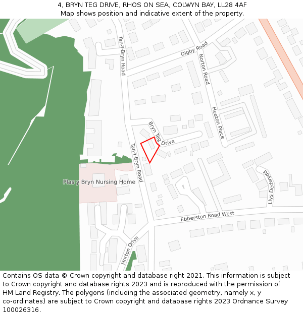 4, BRYN TEG DRIVE, RHOS ON SEA, COLWYN BAY, LL28 4AF: Location map and indicative extent of plot