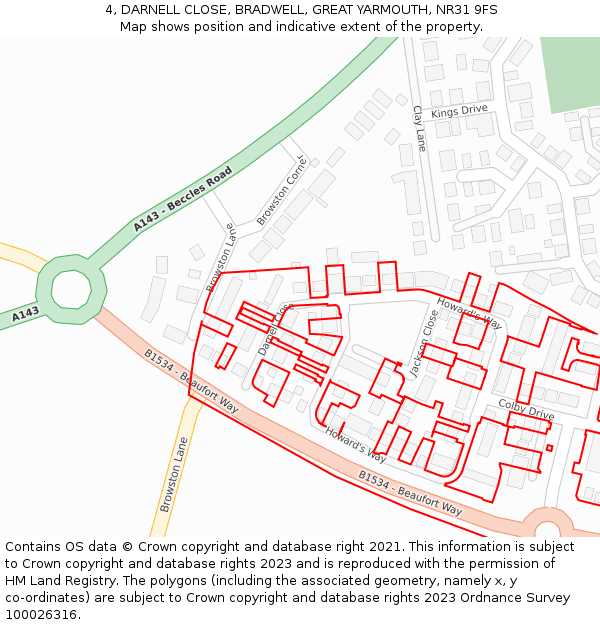 4, DARNELL CLOSE, BRADWELL, GREAT YARMOUTH, NR31 9FS: Location map and indicative extent of plot