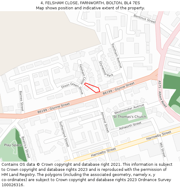 4, FELSHAM CLOSE, FARNWORTH, BOLTON, BL4 7ES: Location map and indicative extent of plot