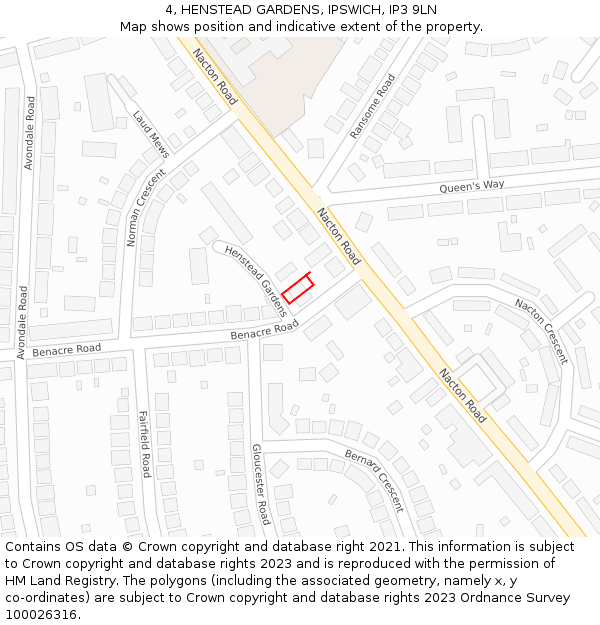 4, HENSTEAD GARDENS, IPSWICH, IP3 9LN: Location map and indicative extent of plot