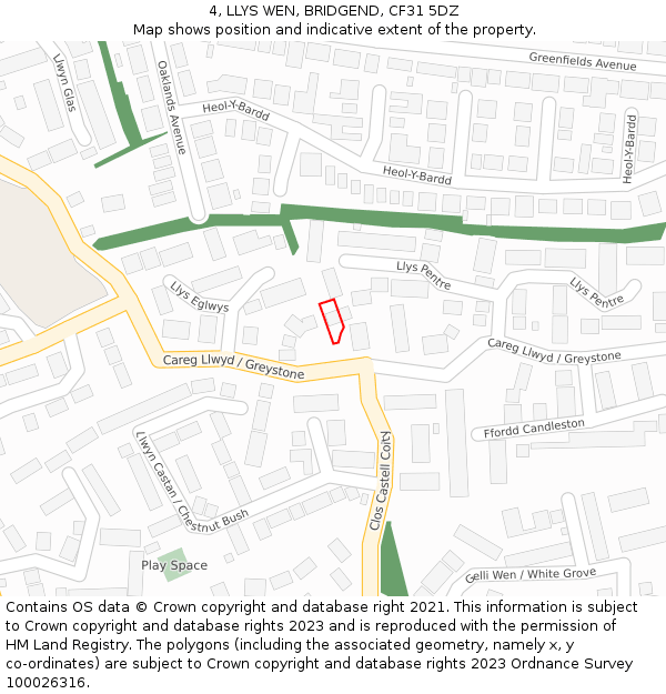 4, LLYS WEN, BRIDGEND, CF31 5DZ: Location map and indicative extent of plot