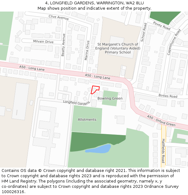 4, LONGFIELD GARDENS, WARRINGTON, WA2 8LU: Location map and indicative extent of plot