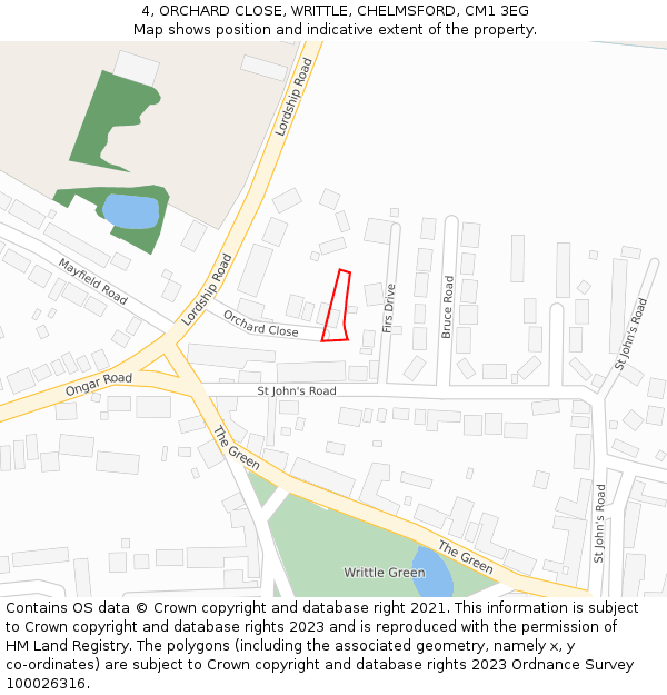 4, ORCHARD CLOSE, WRITTLE, CHELMSFORD, CM1 3EG: Location map and indicative extent of plot