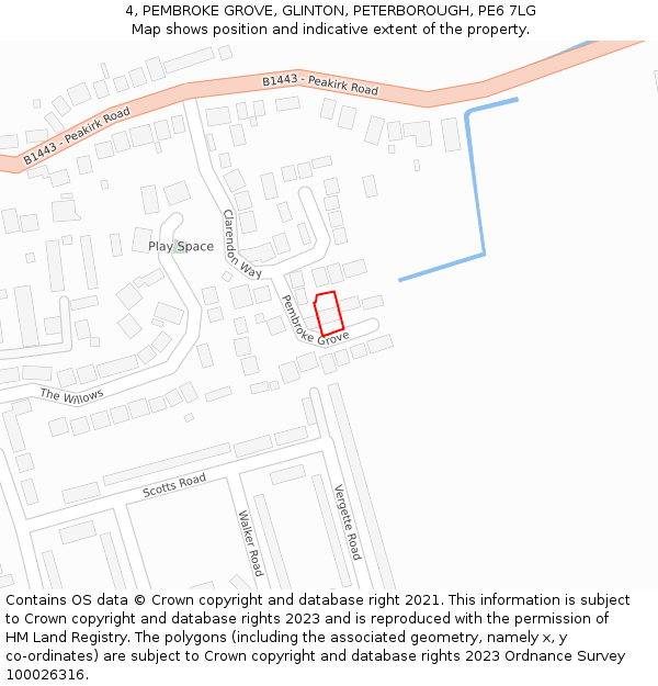 4, PEMBROKE GROVE, GLINTON, PETERBOROUGH, PE6 7LG: Location map and indicative extent of plot