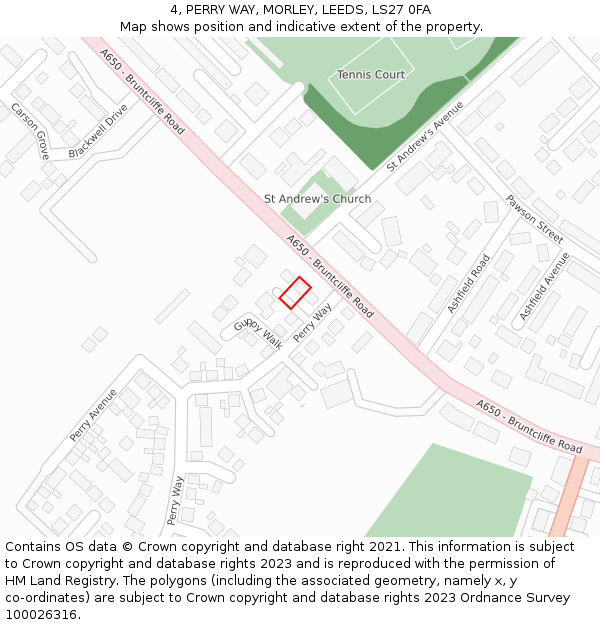 4, PERRY WAY, MORLEY, LEEDS, LS27 0FA: Location map and indicative extent of plot