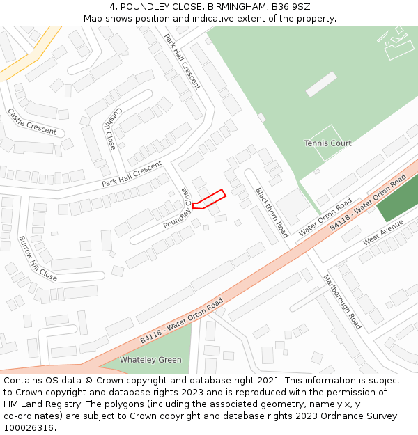 4, POUNDLEY CLOSE, BIRMINGHAM, B36 9SZ: Location map and indicative extent of plot