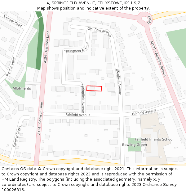 4, SPRINGFIELD AVENUE, FELIXSTOWE, IP11 9JZ: Location map and indicative extent of plot