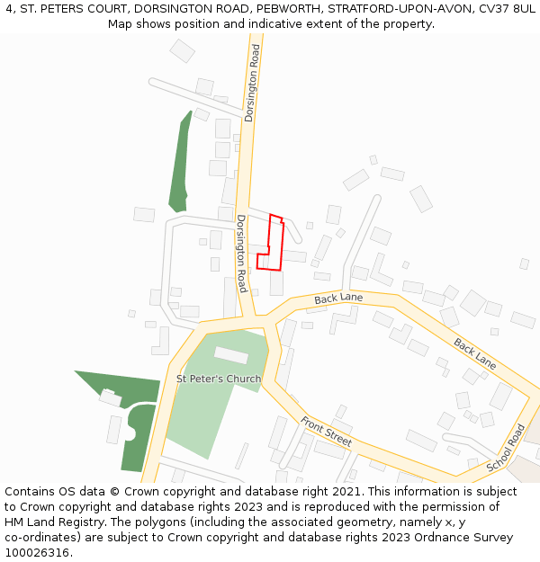 4, ST. PETERS COURT, DORSINGTON ROAD, PEBWORTH, STRATFORD-UPON-AVON, CV37 8UL: Location map and indicative extent of plot