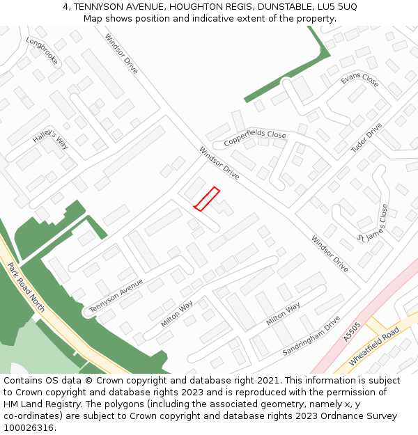 4, TENNYSON AVENUE, HOUGHTON REGIS, DUNSTABLE, LU5 5UQ: Location map and indicative extent of plot