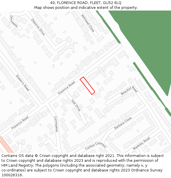 40, FLORENCE ROAD, FLEET, GU52 6LQ: Location map and indicative extent of plot